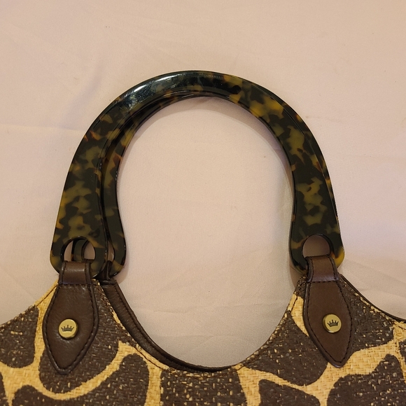 Elaine Turner Safari Giraffe Print Raffia Faux Turquoise Double Handled Handbag - Picture 4 of 9